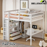 Bellemave® Full Size Loft Bed with Built - in Wardrobe and Desk, Storage Shelves and Drawers - Bellemave